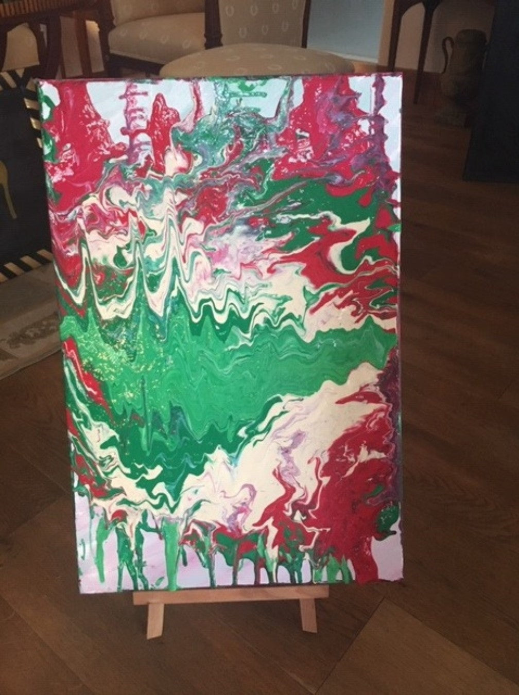 Acrylgemälde „Viva Italia“ von Federica: Rot, Grün und Weiß in fließender Pouring-Technik, dynamische Strukturen auf Leinwand, 60 x 40 cm