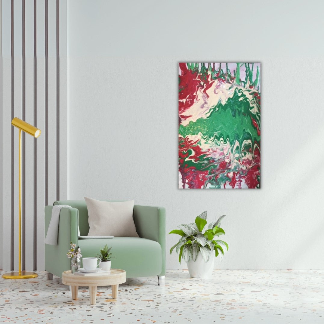 Acrylgemälde „Viva Italia“ von Federica: Rot, Grün und Weiß in fließender Pouring-Technik, dynamische Strukturen auf Leinwand, 60 x 40 cm