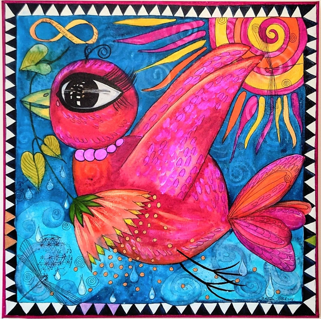 Abstraktes, farbenfrohes Gemälde "VÖGELCHEN" (60x60 cm) von Kirsten Kohrt: Ein stilisierter Vogel mit einer Blüte im Schnabel, umgeben von dynamischen Elementen, Spiralen und Libellen. Mischtechnik mit Aquarell, Stempelung und Grafikliner auf Leinwand. Vermittelt Hoffnung, Lebensfreude und die Akzeptanz des Wandels.
