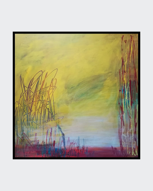 in abstraktes Gemälde in sanften Farben, das an eine nebelverhangene Landschaft erinnert. Helle, pastellartige Töne dominieren das Bild und erzeugen eine ruhige Atmosphäre. Der Betrachter kann schemenhaft Bäume oder andere natürliche Elemente erkennen. Die Künstlerin Marlis G Schill verwendet Acrylfarben und eine dynamische Pinselführung, um die Stimmung des Morgennebels einzufangen.