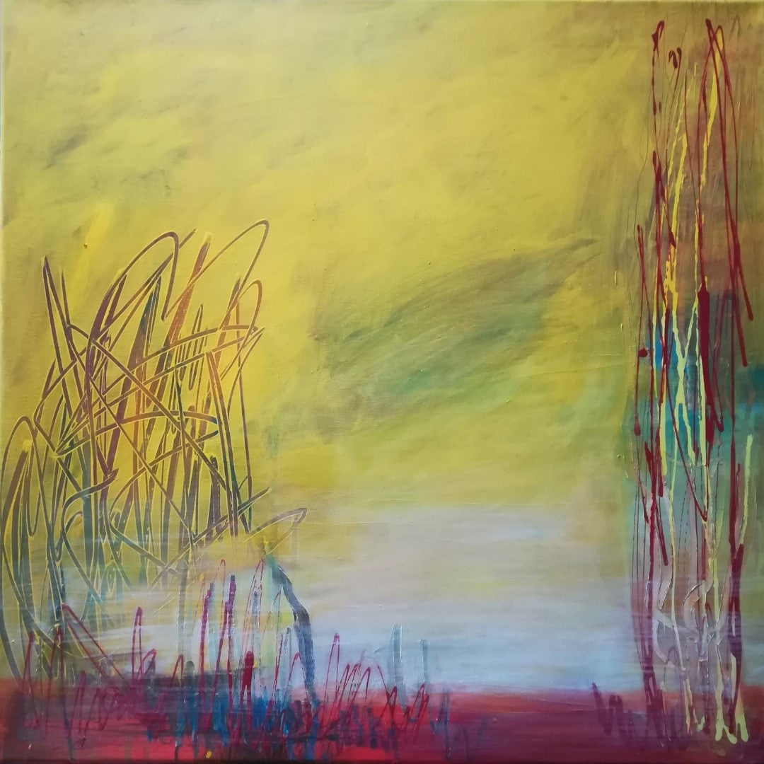 in abstraktes Gemälde in sanften Farben, das an eine nebelverhangene Landschaft erinnert. Helle, pastellartige Töne dominieren das Bild und erzeugen eine ruhige Atmosphäre. Der Betrachter kann schemenhaft Bäume oder andere natürliche Elemente erkennen. Die Künstlerin Marlis G Schill verwendet Acrylfarben und eine dynamische Pinselführung, um die Stimmung des Morgennebels einzufangen.