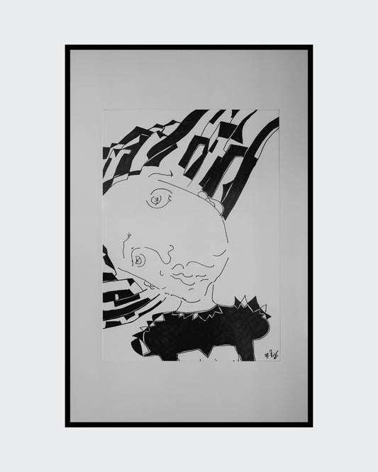 "Brainwash" (2025) von Melanie Zürn. Ein hochformatiges, schwarz-weißes Porträt im kubistischen Stil. Es zeigt eine menschliche Figur, deren Gesicht durch geometrische Formen und Linien abstrahiert ist. Der Hintergrund ist ebenfalls mit kubistischen Elementen gestaltet. Die Arbeit ist mit Edding auf Zeichenpapier ausgeführt. Größe: 42 cm x 59,4 cm (ohne Rahmen).