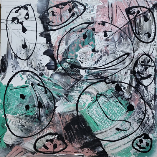 Abstraktes Acrylgemälde "Street Art" von Sandra Conrad, quadratisch. Der Hintergrund besteht aus dicken Pinselstrichen in Mintgrün, Rosa und Weiß. Darüber sind skizzenhafte, schwarze Kreise mit einfachen Gesichtern im Stil von Graffiti gezeichnet.
