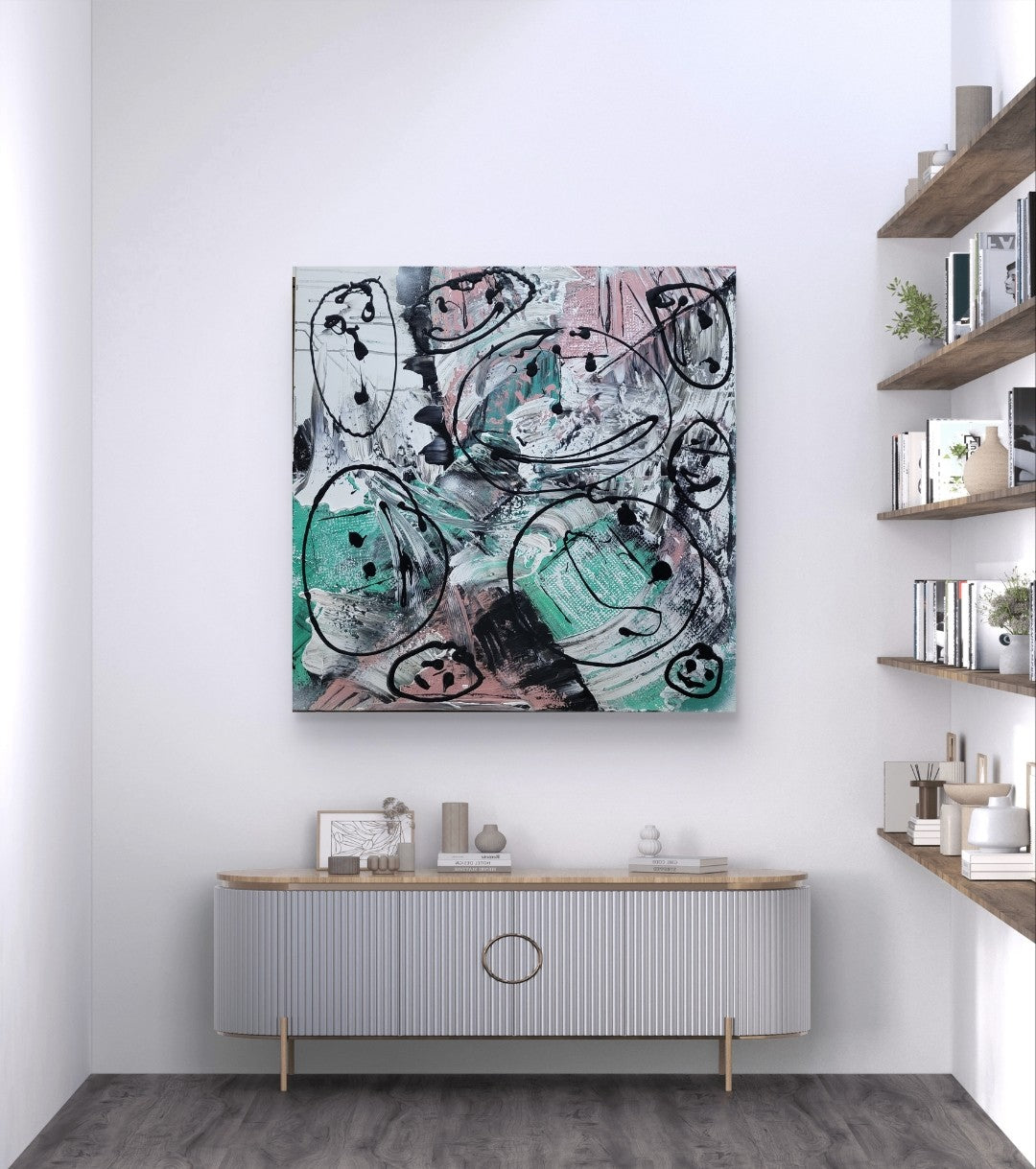 Abstraktes Acrylgemälde "Street Art" von Sandra Conrad, quadratisch. Der Hintergrund besteht aus dicken Pinselstrichen in Mintgrün, Rosa und Weiß. Darüber sind skizzenhafte, schwarze Kreise mit einfachen Gesichtern im Stil von Graffiti gezeichnet.