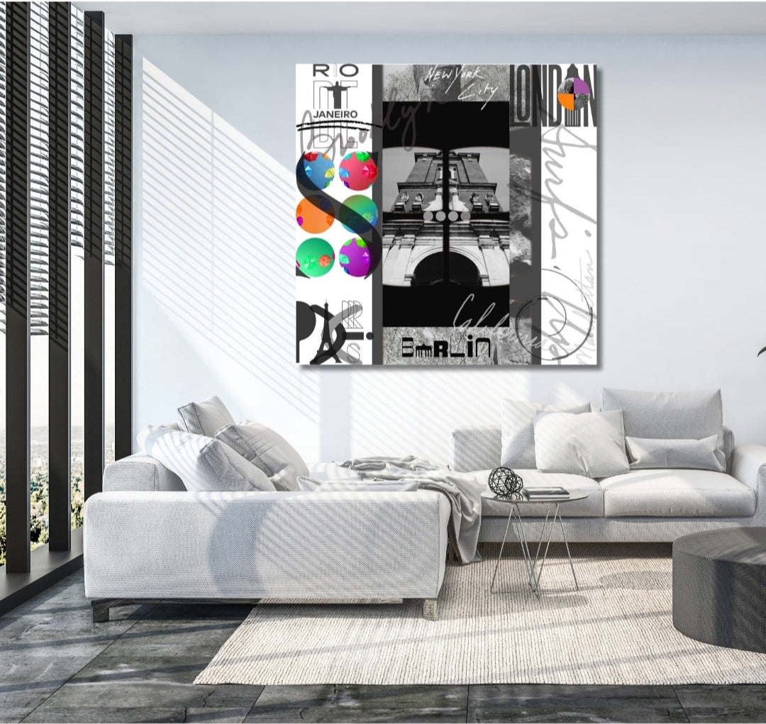 Grafisches DigiArt Design "Free" von Simone Kratzsch. Collage mit stilisierten Stadtansichten von Rio, New York, London und Berlin in Schwarzweiß und bunten Akzenten.