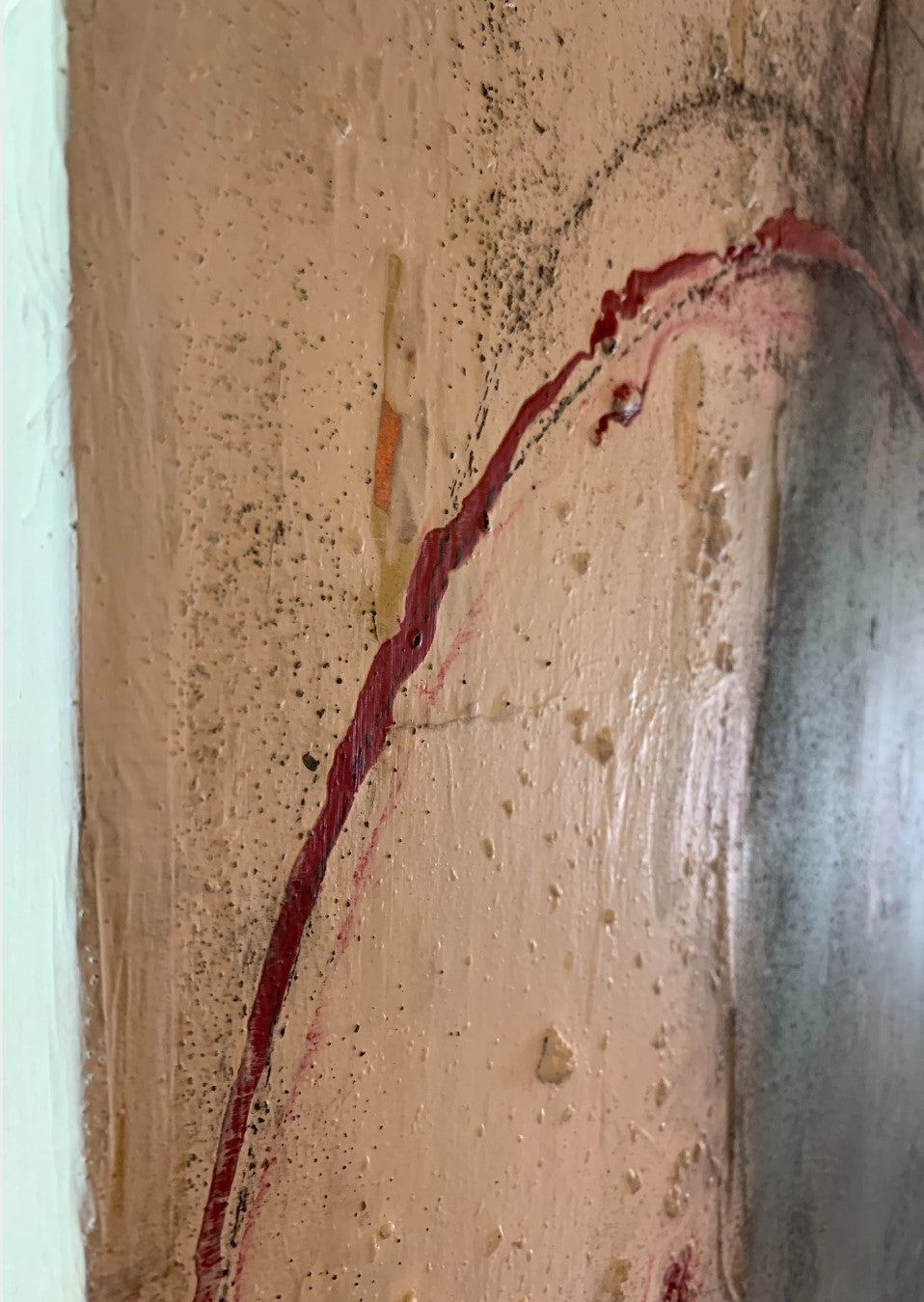 Abstraktes Gemälde „Abstractart 1“ von Susanne Schwartinsky-Probst, Acryl auf Leinwand, 90 x 60 cm, Kreiskomposition in Beige, Türkis, Grau und Rot.