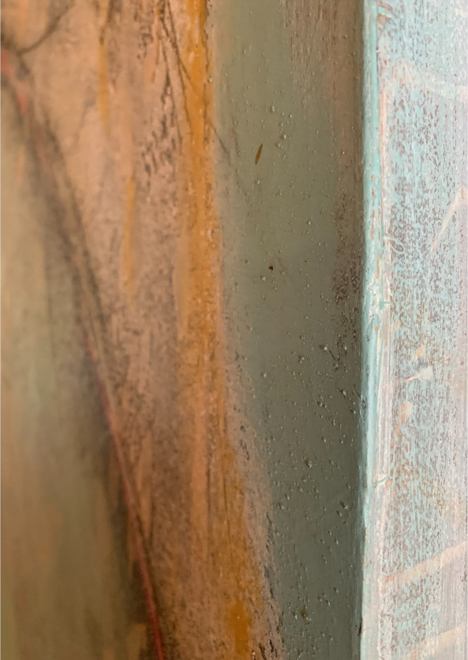 Abstraktes Gemälde „Abstractart 1“ von Susanne Schwartinsky-Probst, Acryl auf Leinwand, 90 x 60 cm, Kreiskomposition in Beige, Türkis, Grau und Rot.