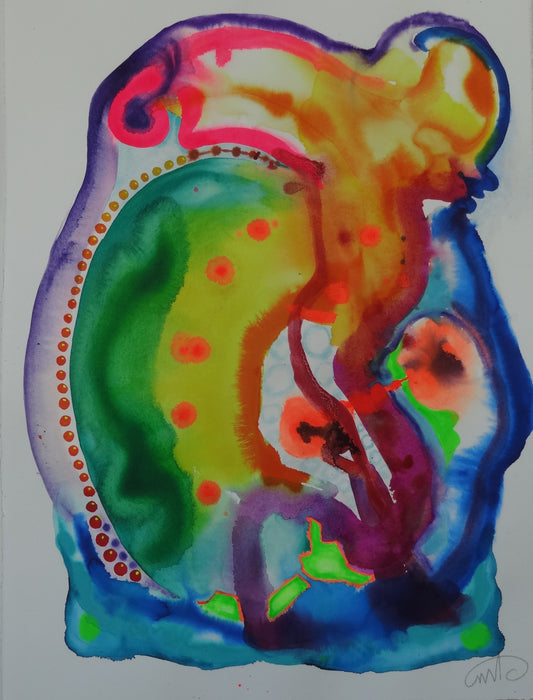 Abstraktes Aquarellgemälde 'Fresh Wind_1029' von Amos Plaut. Organische Formen in leuchtenden Farben wie Gelb, Orange, Grün und Blau, umgeben von einer gepunkteten Linie. Teil der Serie 'EARTH's crust'.