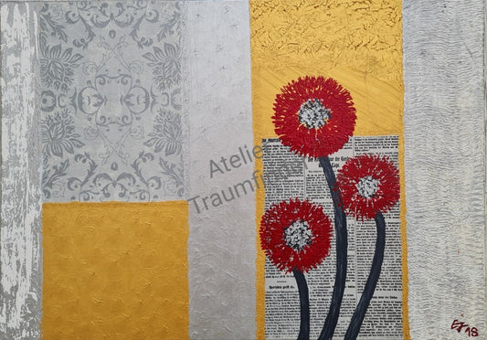 Querformatiges Gemälde mit Art Deco-Elementen. Collage aus strukturierten Flächen, floralem Muster, Zeitungsausschnitten und goldenen Akzenten. Drei rote Blüten mit schwarzen Stielen. "Simple eleganc" von Esther Janssen.