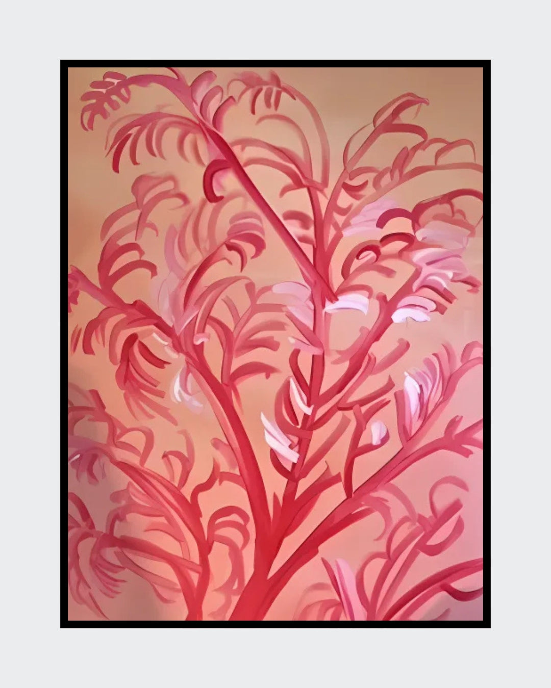 Gemälde "Koralle" von Federica, Acryl auf Leinwand, 110x90 cm. Abstrakte Darstellung von Korallen in verschiedenen Rottönen auf einem hellen Hintergrund.