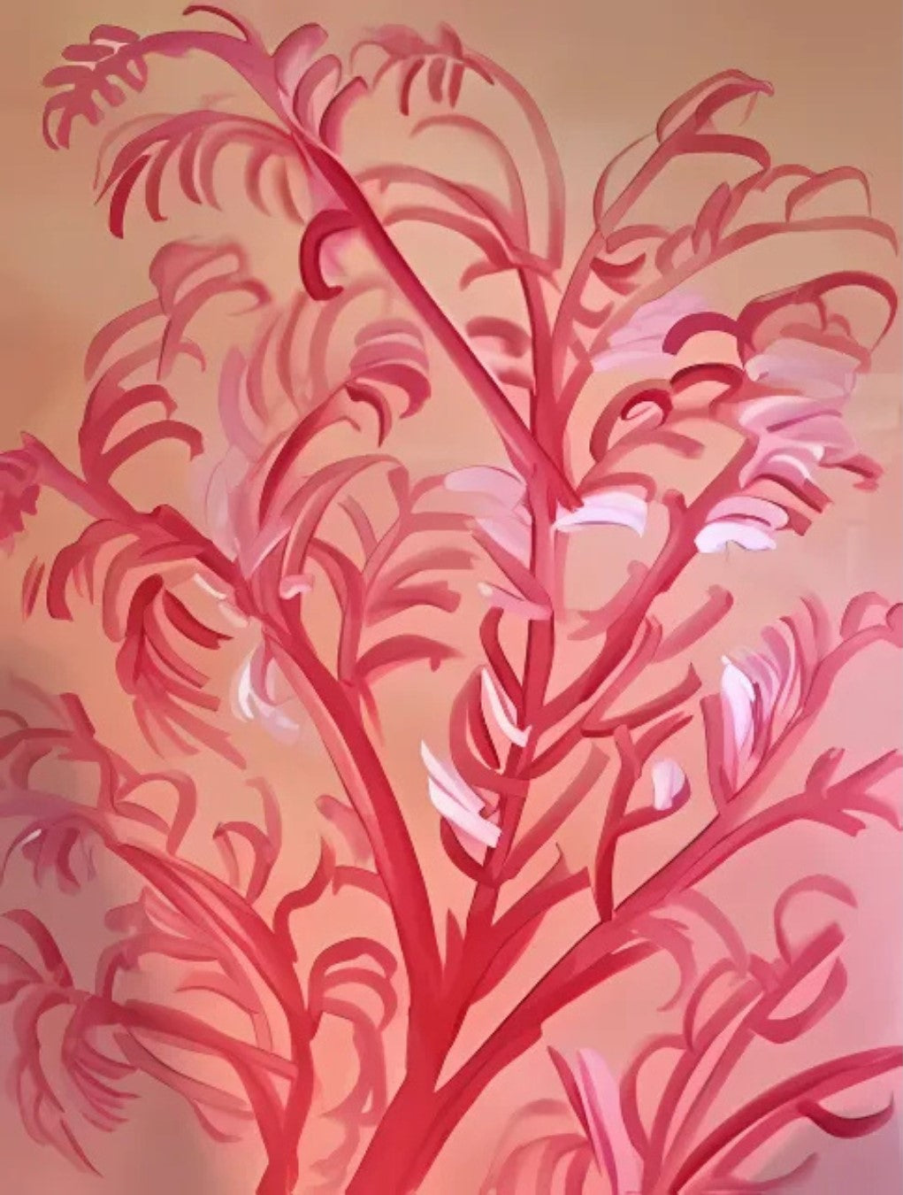 Gemälde "Koralle" von Federica, Acryl auf Leinwand, 110x90 cm. Abstrakte Darstellung von Korallen in verschiedenen Rottönen auf einem hellen Hintergrund.