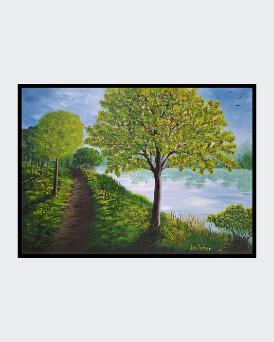 Gemälde "Am See" von Lisa Tahar. Öl auf Leinwand, 50x70 cm. Zeigt eine Seenlandschaft mit Bäumen, einem Pfad und dem spiegelnden Wasser des Sees.