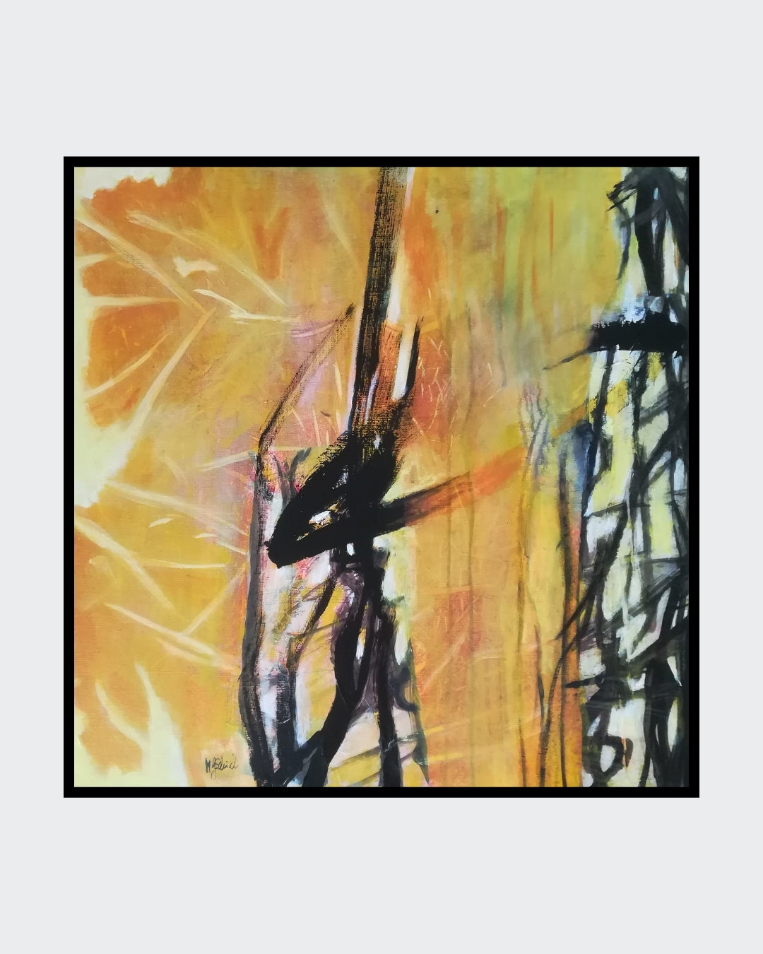 Ein abstraktes Gemälde in warmen, erdigen Tönen. Das Bild erinnert an eine herbstliche Landschaft mit bunten Blättern und reifen Früchten. Die Künstlerin Marlis G Schill verwendet eine Acryl-Collage-Technik, um interessante Strukturen und eine besondere Tiefe zu erzeugen.