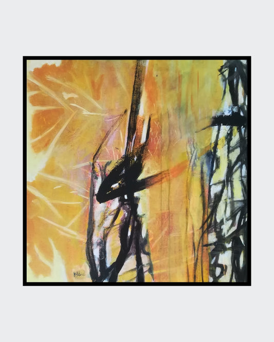 Ein abstraktes Gemälde in warmen, erdigen Tönen. Das Bild erinnert an eine herbstliche Landschaft mit bunten Blättern und reifen Früchten. Die Künstlerin Marlis G Schill verwendet eine Acryl-Collage-Technik, um interessante Strukturen und eine besondere Tiefe zu erzeugen.