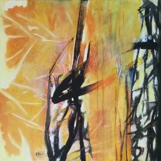 Ein abstraktes Gemälde in warmen, erdigen Tönen. Das Bild erinnert an eine herbstliche Landschaft mit bunten Blättern und reifen Früchten. Die Künstlerin Marlis G Schill verwendet eine Acryl-Collage-Technik, um interessante Strukturen und eine besondere Tiefe zu erzeugen.