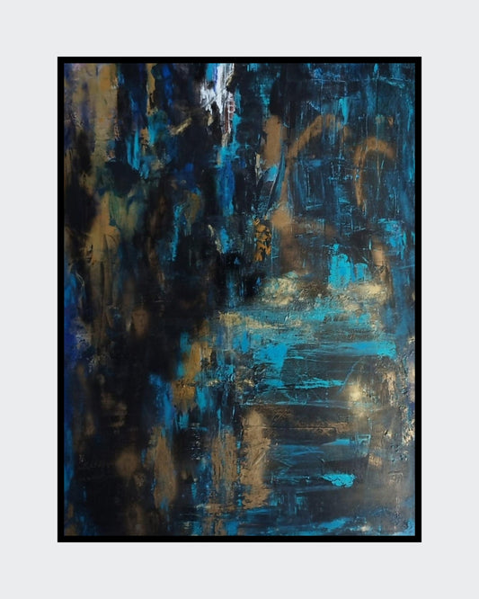 Alt-Text (barrierefrei):
Abstraktes Gemälde "Goldene Akzente" von Olga Kühn (100x80 cm). Mischtechnik auf Leinwand mit minimalistischer Farbpalette in Türkis, Gold und Schwarz.