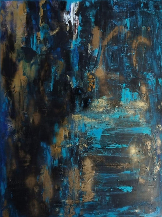 Alt-Text (barrierefrei):
Abstraktes Gemälde "Goldene Akzente" von Olga Kühn (100x80 cm). Mischtechnik auf Leinwand mit minimalistischer Farbpalette in Türkis, Gold und Schwarz.