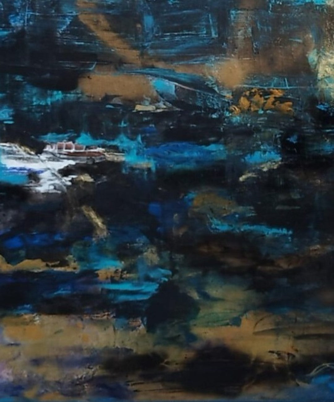 Alt-Text (barrierefrei):
Abstraktes Gemälde "Goldene Akzente" von Olga Kühn (100x80 cm). Mischtechnik auf Leinwand mit minimalistischer Farbpalette in Türkis, Gold und Schwarz.