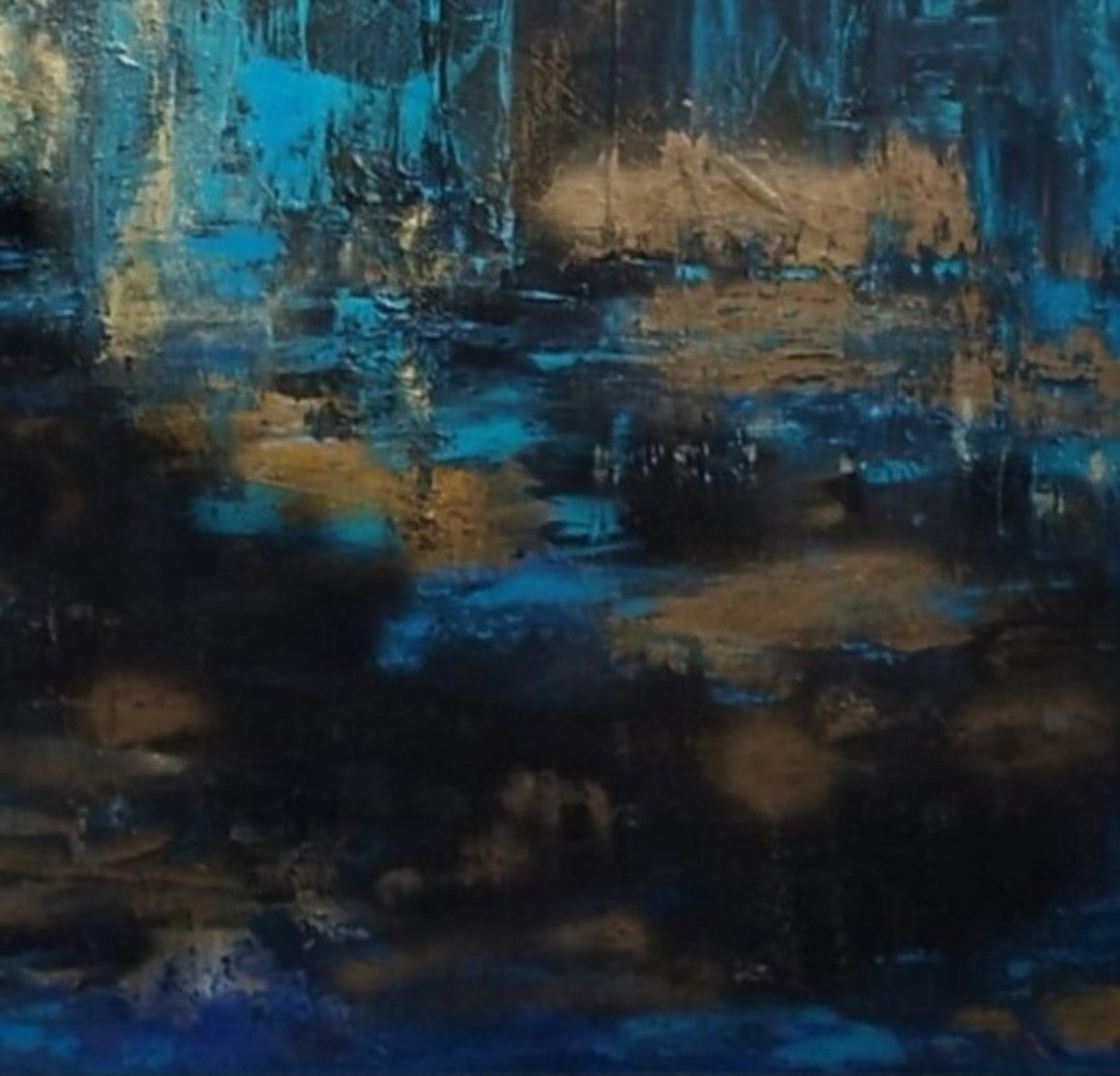 Alt-Text (barrierefrei):
Abstraktes Gemälde "Goldene Akzente" von Olga Kühn (100x80 cm). Mischtechnik auf Leinwand mit minimalistischer Farbpalette in Türkis, Gold und Schwarz.