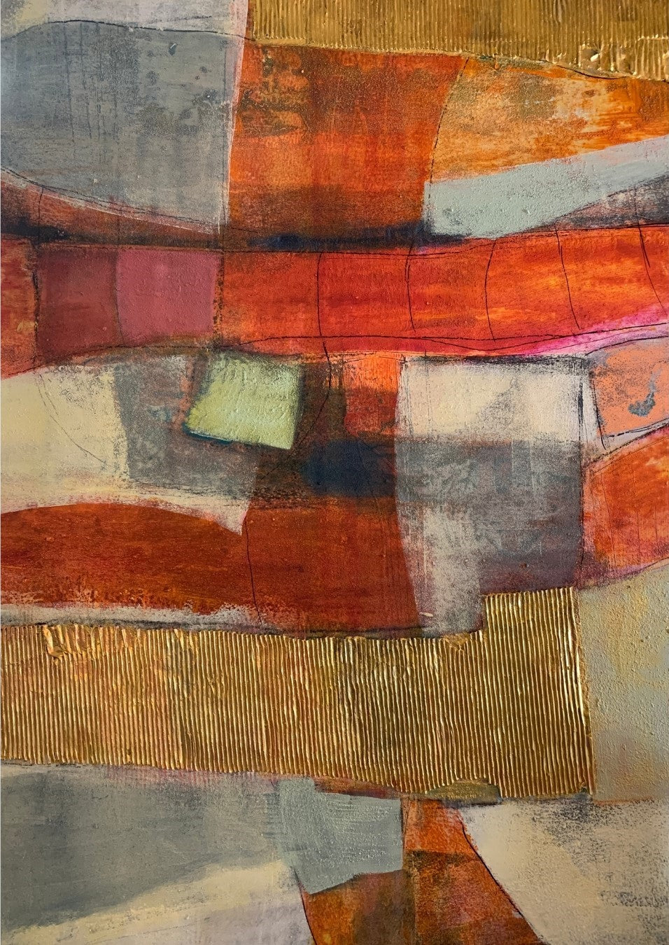 Abstraktes Gemälde „Abstractart 2“ von Susanne Schwartinsky-Probst, Acryl auf Leinwand, 90 x 60 cm, Komposition in Rostrot, Grau, Gold und Grün mit strukturierter Oberfläche.