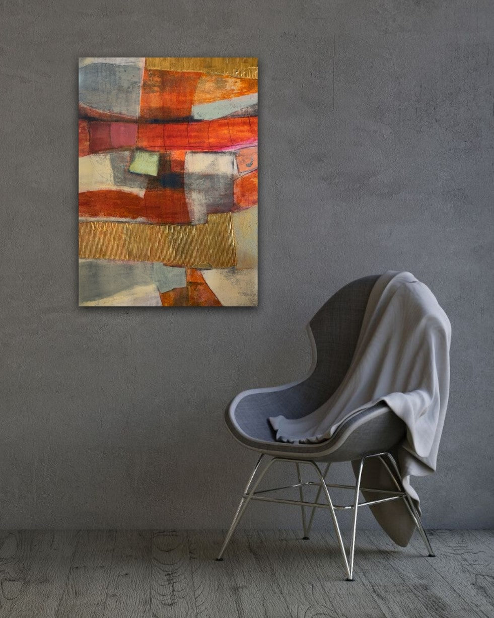 Abstraktes Gemälde „Abstractart 2“ von Susanne Schwartinsky-Probst, Acryl auf Leinwand, 90 x 60 cm, Komposition in Rostrot, Grau, Gold und Grün mit strukturierter Oberfläche.