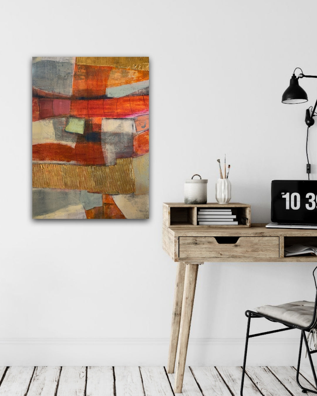 Abstraktes Gemälde „Abstractart 2“ von Susanne Schwartinsky-Probst, Acryl auf Leinwand, 90 x 60 cm, Komposition in Rostrot, Grau, Gold und Grün mit strukturierter Oberfläche.