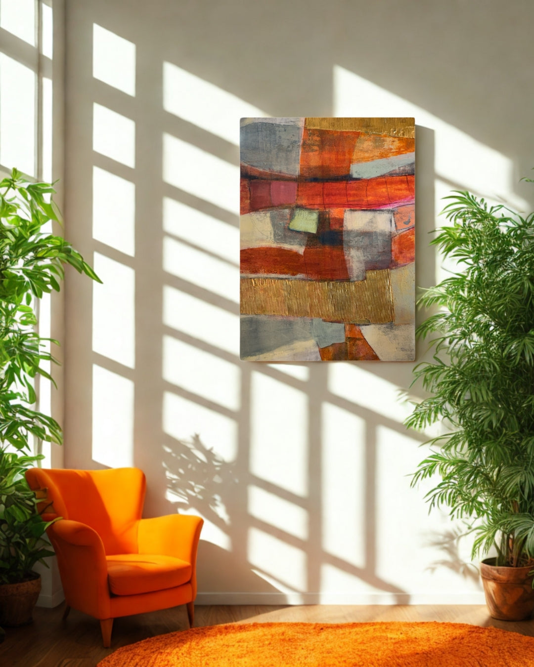 Abstraktes Gemälde „Abstractart 2“ von Susanne Schwartinsky-Probst, Acryl auf Leinwand, 90 x 60 cm, Komposition in Rostrot, Grau, Gold und Grün mit strukturierter Oberfläche.