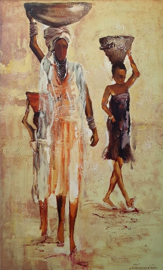 Das Gemälde Die Frauen von Vadim Lazarev zeigt eine Gruppe von Frauen mit großen Körben auf dem Kopf, in fließenden Gewändern und warmen Sandtönen. Ihre Gesichtszüge sind bewusst abstrahiert, sodass der Fokus auf der Bewegung und dem Ausdruck der Figuren liegt. Die Textur des Farbauftrags und sanfte, impressionistische Lichtreflexe verleihen dem Werk eine lebendige Tiefe. Eine Hommage an Weiblichkeit, Gemeinschaft und Tradition.