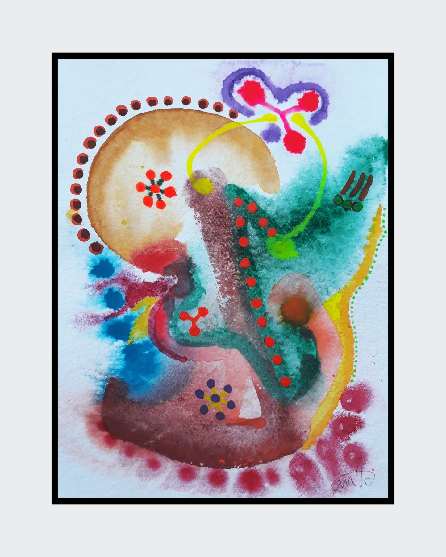 Abstraktes Aquarellgemälde 'Fresh Wind_1226' von Amos Plaut. Zarte, ineinanderfließende Farben und Formen, darunter Braun, Grün, Blau und Pink, auf hellem Büttenpapier. Teil der Serie 'EARTH's crust'.