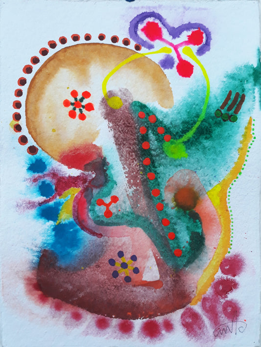 Abstraktes Aquarellgemälde 'Fresh Wind_1226' von Amos Plaut. Zarte, ineinanderfließende Farben und Formen, darunter Braun, Grün, Blau und Pink, auf hellem Büttenpapier. Teil der Serie 'EARTH's crust'.