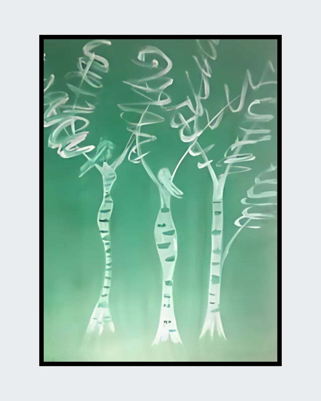 Gemälde "Baumfrauen" von Federica, Acryl auf Leinwand, 80x60 cm. Drei stilisierte Frauenfiguren in Form von Bäumen, weiße Linien auf grünem Hintergrund.