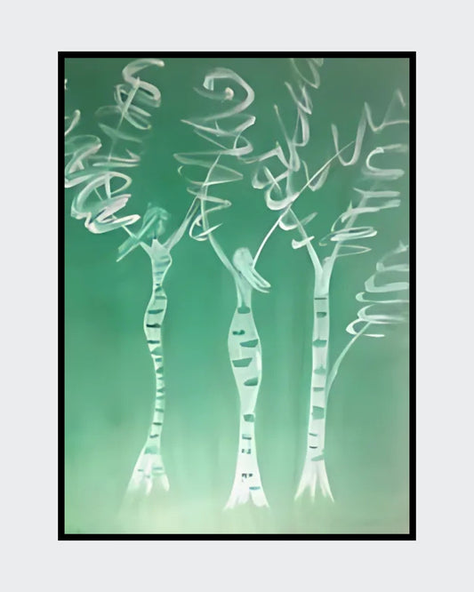 Gemälde "Baumfrauen" von Federica, Acryl auf Leinwand, 80x60 cm. Drei stilisierte Frauenfiguren in Form von Bäumen, weiße Linien auf grünem Hintergrund.