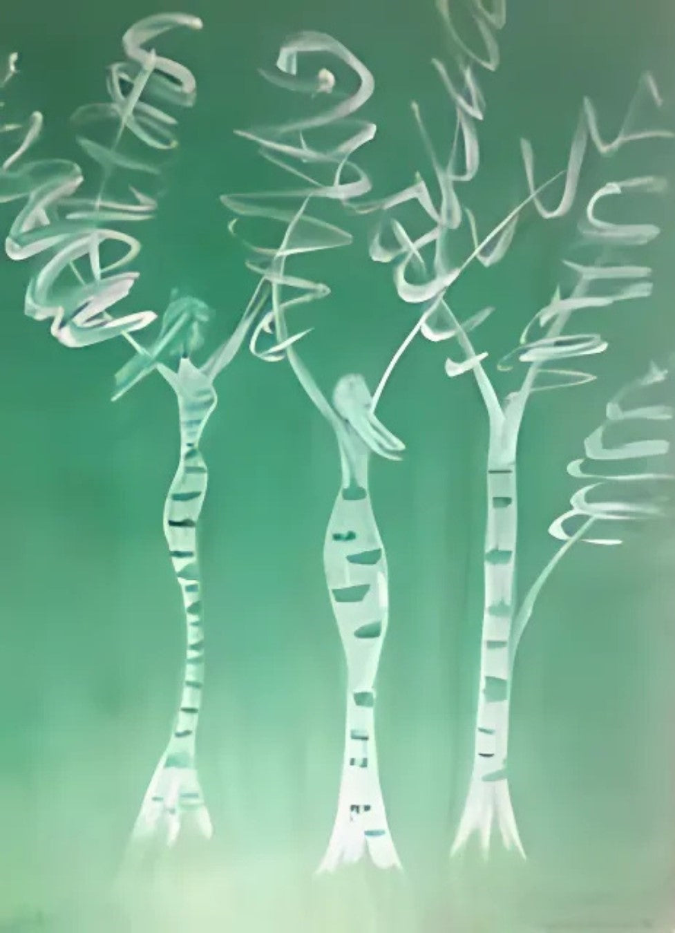 Gemälde "Baumfrauen" von Federica, Acryl auf Leinwand, 80x60 cm. Drei stilisierte Frauenfiguren in Form von Bäumen, weiße Linien auf grünem Hintergrund.