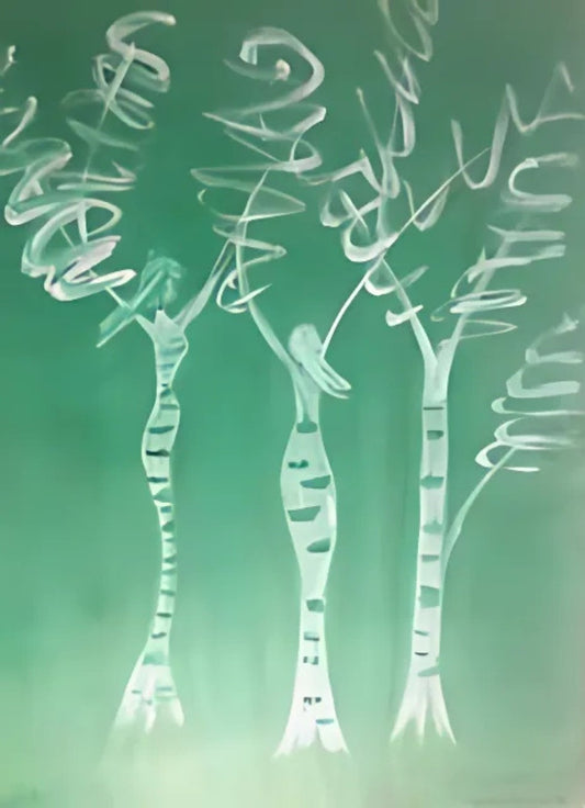 Gemälde "Baumfrauen" von Federica, Acryl auf Leinwand, 80x60 cm. Drei stilisierte Frauenfiguren in Form von Bäumen, weiße Linien auf grünem Hintergrund.
