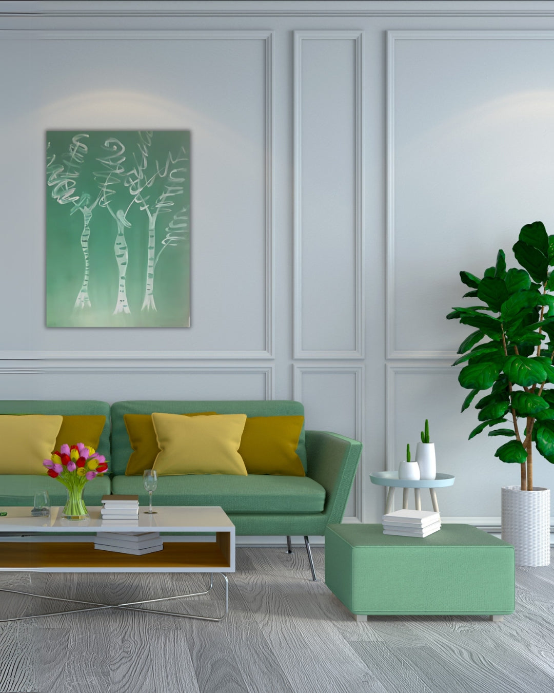 Gemälde "Baumfrauen" von Federica, Acryl auf Leinwand, 80x60 cm. Drei stilisierte Frauenfiguren in Form von Bäumen, weiße Linien auf grünem Hintergrund.