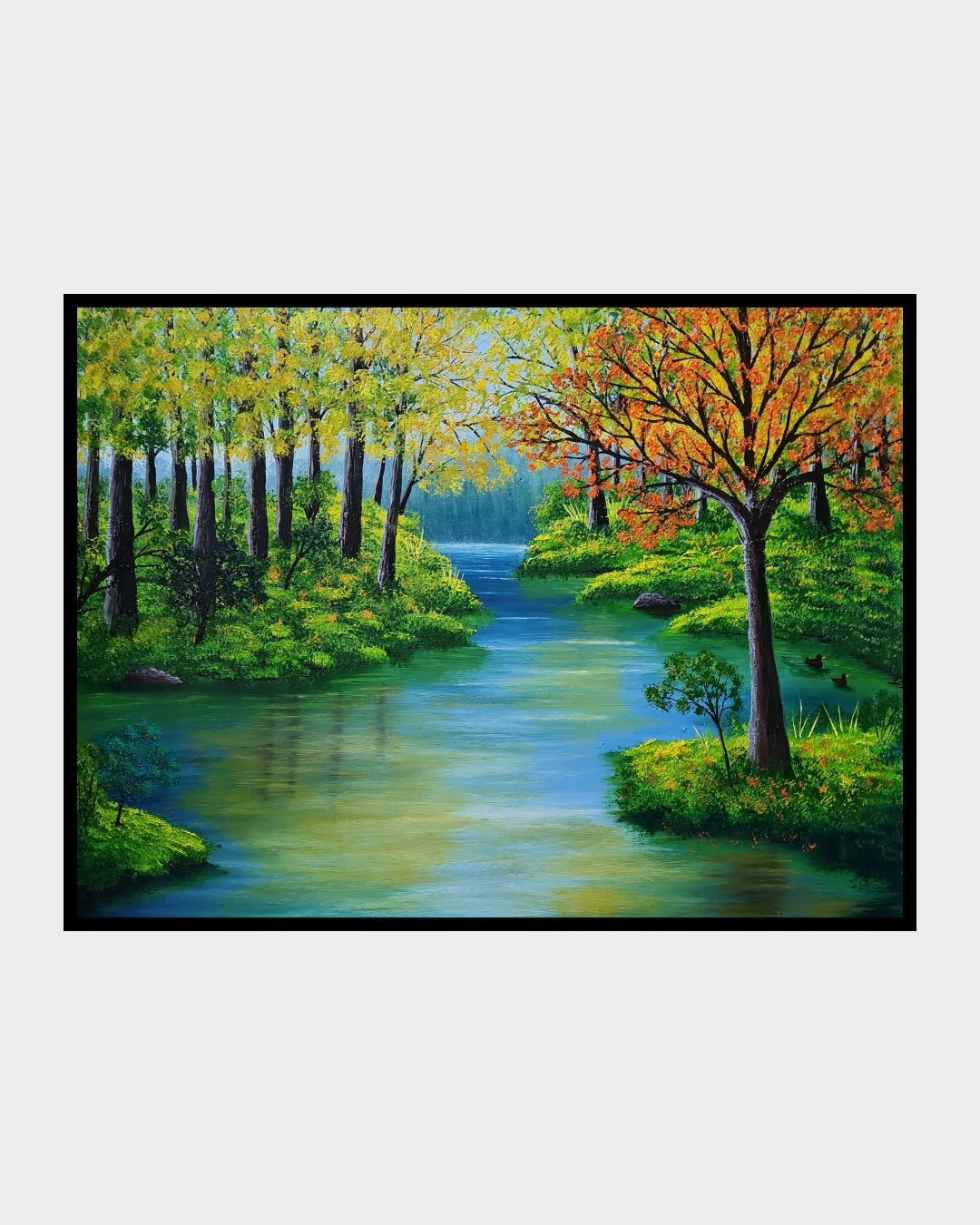 Gemälde "Herbstphantasie" von Lisa Tahar. Öl auf Leinwand, 60x80 cm. Zeigt eine herbstliche Waldlandschaft mit einem Flusslauf und leuchtenden Farben.
