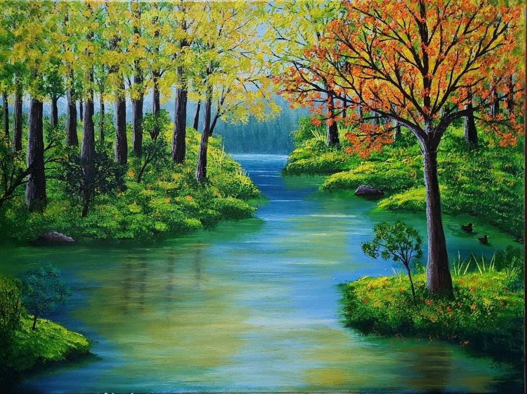 Gemälde "Herbstphantasie" von Lisa Tahar. Öl auf Leinwand, 60x80 cm. Zeigt eine herbstliche Waldlandschaft mit einem Flusslauf und leuchtenden Farben.