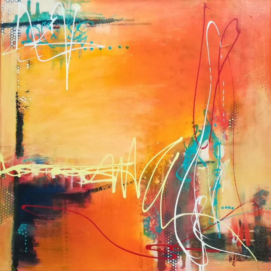 Ein abstraktes Gemälde in einer Vielzahl von Farben und Formen. Das Werk wirkt lebendig und dynamisch. Die Künstlerin Marlis G Schill verwendet eine Acryl-Collage-Technik, um interessante Strukturen und eine besondere Haptik zu erzeugen.