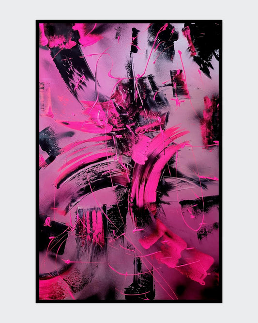 Großformatiges, vertikales abstraktes Acrylgemälde "Pink fight" von Sandra Conrad, das von expressiven, kämpferischen Pinselstrichen in leuchtendem, fluoriszierendem Pink und Schwarz dominiert wird.