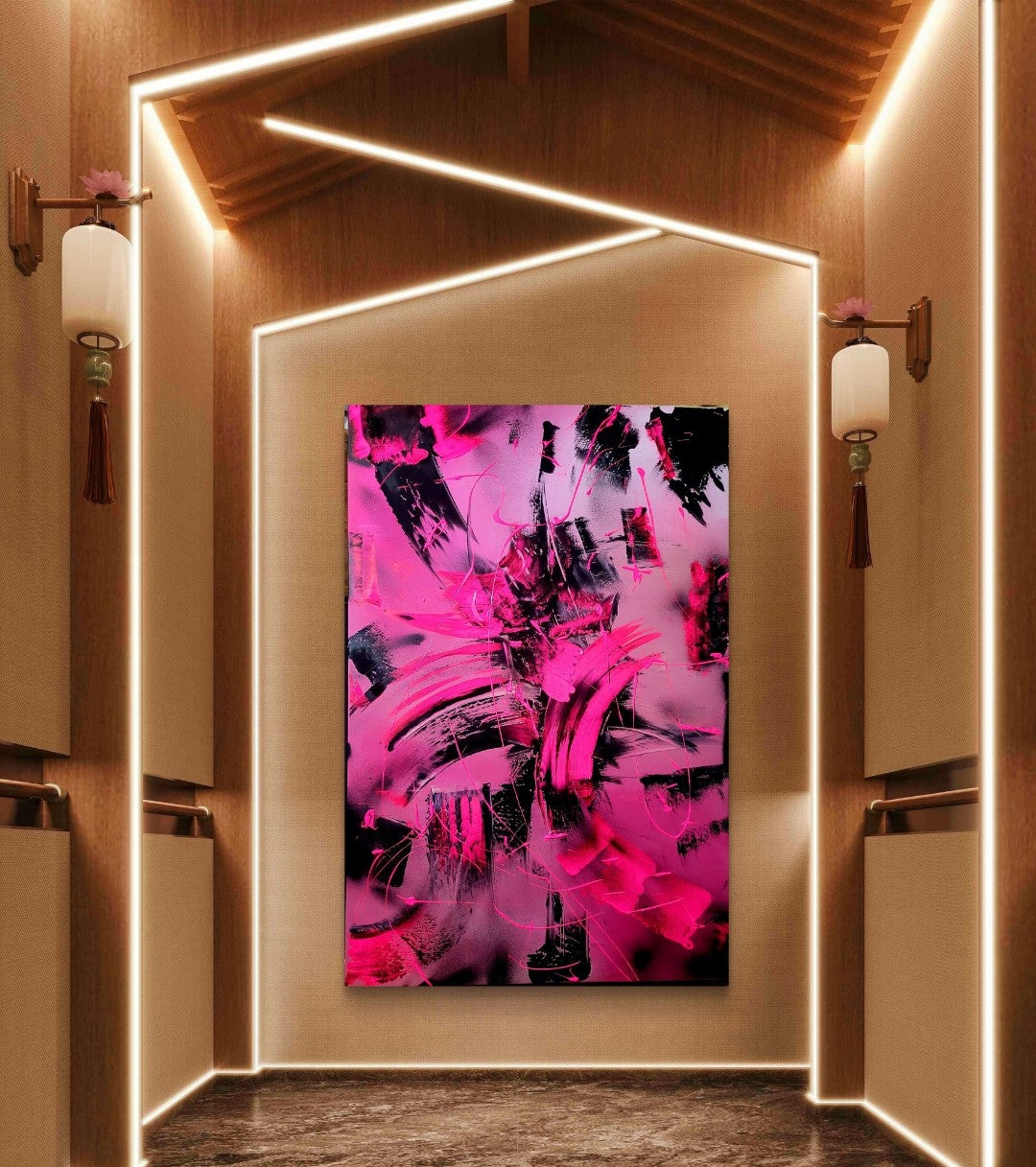 Großformatiges, vertikales abstraktes Acrylgemälde "Pink fight" von Sandra Conrad, das von expressiven, kämpferischen Pinselstrichen in leuchtendem, fluoriszierendem Pink und Schwarz dominiert wird.