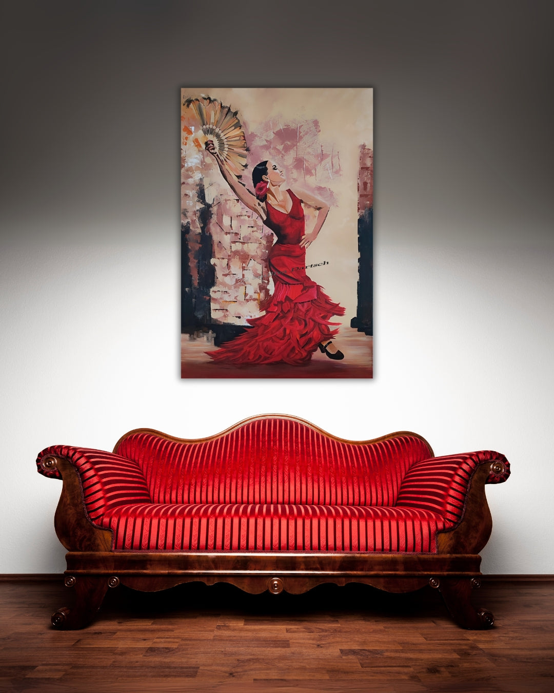 Acrylgemälde 'Flamenco' von Smillya Dartsch. Eine dynamische Darstellung des Flamenco-Tanzes. Die Farben sind lebhaft und ausdrucksstark, mit wirbelnden Linien und Formen, die die Bewegung des Tanzes einfangen. Die Signatur der Künstlerin ist deutlich erkennbar. Das Gemälde ist auf einem Keilrahmen mit den Maßen 124x84 cm gefertigt