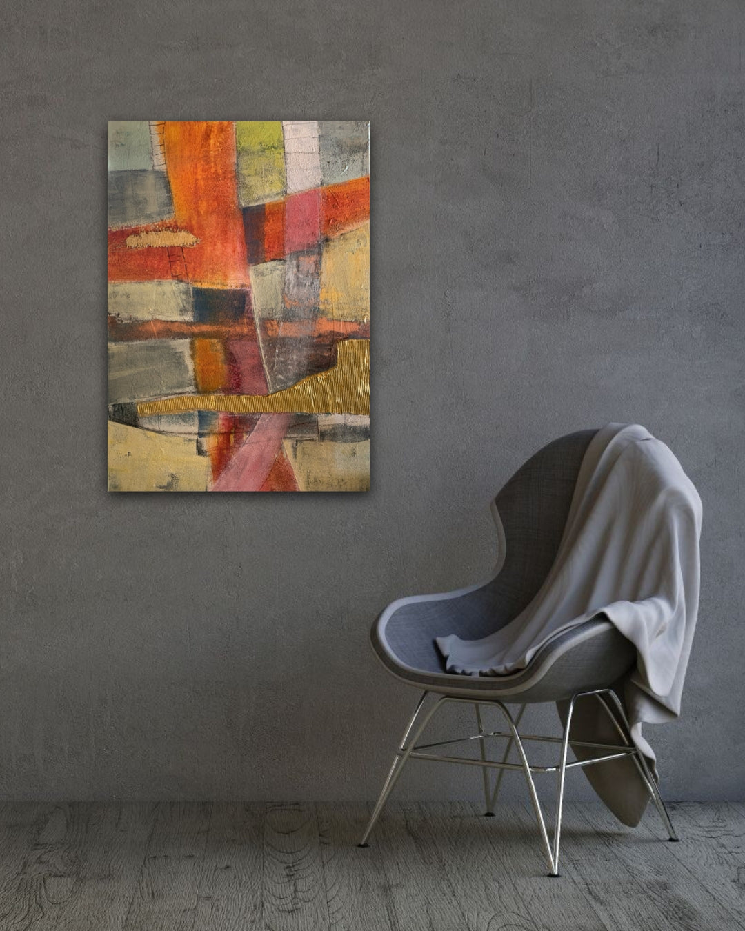 Abstraktes Gemälde „Abstractart 3“ von Susanne Schwartinsky-Probst, Acryl auf Leinwand, 90 x 60 cm, mit rotem, gelbem und grauem Farbfeld, Goldstruktur und Textilfragment.