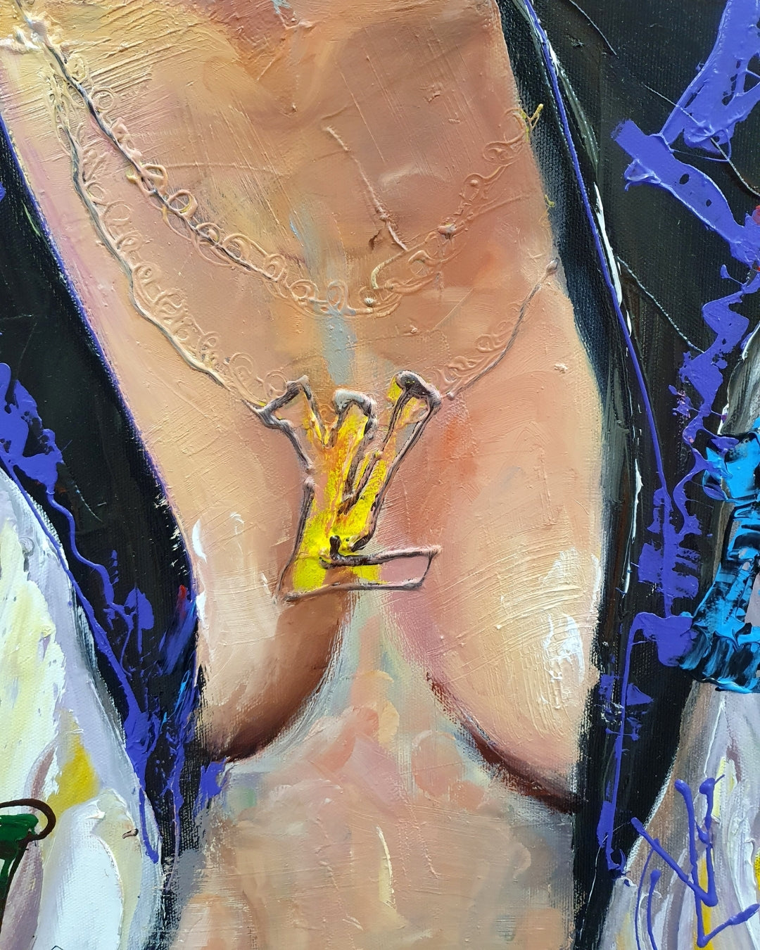 Ölgemälde von Vadim Lazarev, 100 × 70 cm. Eine stilisierte Frau in luxuriöser Kleidung mit markanten Logos, roter Kappe und offenem Oberteil. Farbenfroher Hintergrund mit dynamischen Pinselstrichen in Gelb, Blau, Rot und Lila. Ausdrucksstarke Komposition zwischen Street-Art, Mode und figürlicher Malerei.