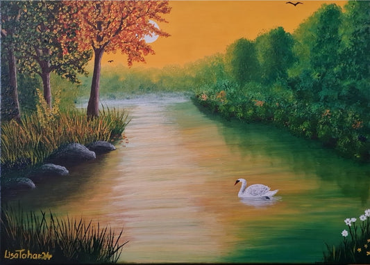 Gemälde "Spätsommer" von Lisa Tahar. Öl auf Leinwand, 50x70 cm. Zeigt eine Spätsommerlandschaft mit einem Fluss, einem Schwan und warmen Farbtönen.