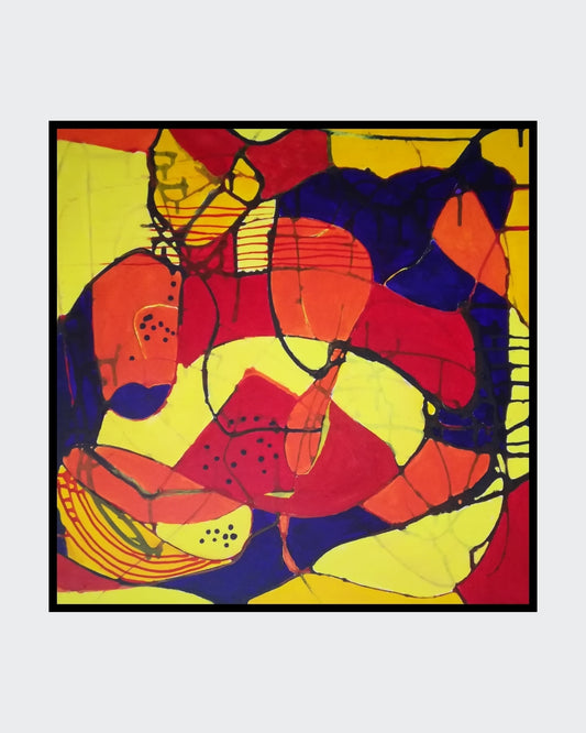 Ein abstraktes Gemälde in leuchtenden Farben, das an eine Wassermelone und andere Früchte erinnert. Dynamische Formen und eine lebendige Pinselführung prägen das Bild. Die Künstlerin Marlis G Schill verwendet Acrylfarben, um eine fröhliche und lebendige Atmosphäre zu erzeugen.