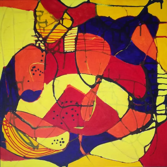 Ein abstraktes Gemälde in leuchtenden Farben, das an eine Wassermelone und andere Früchte erinnert. Dynamische Formen und eine lebendige Pinselführung prägen das Bild. Die Künstlerin Marlis G Schill verwendet Acrylfarben, um eine fröhliche und lebendige Atmosphäre zu erzeugen.