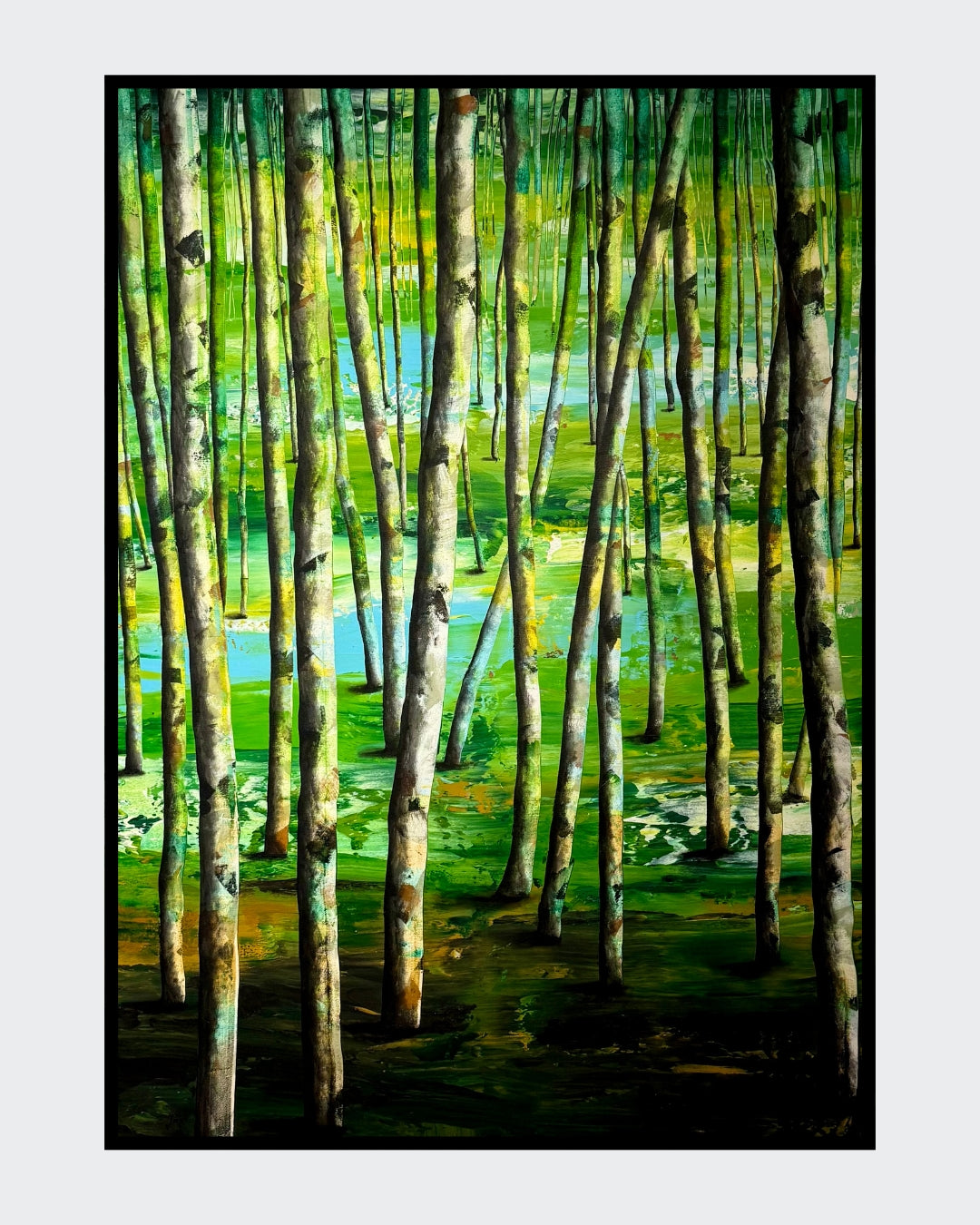 Acrylbild „Birkenwald“ von Sabine Hoch-Himmighofen. Helle Birkenstämme vor leuchtend grün-gelbem Hintergrund, Serie Mystical Forest.