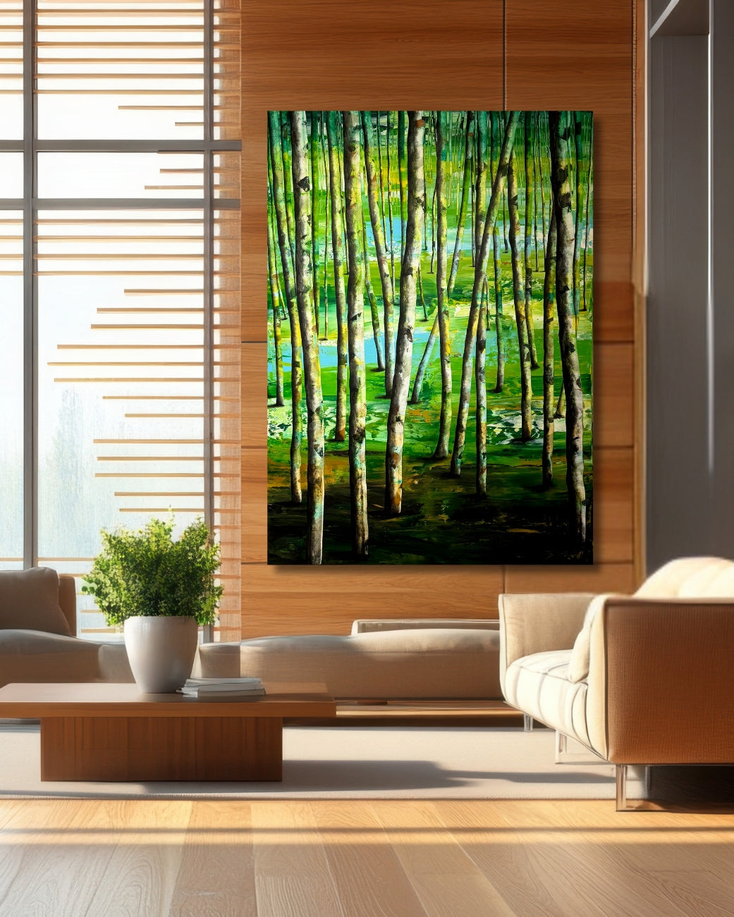 Acrylbild „Birkenwald“ von Sabine Hoch-Himmighofen. Helle Birkenstämme vor leuchtend grün-gelbem Hintergrund, Serie Mystical Forest.