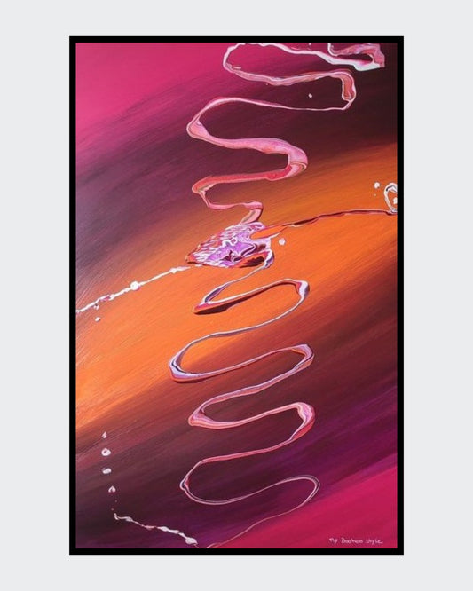 Großformatiges, vertikales Acrylgemälde "Nature" von Sandra Conrad, dominiert von fließenden Streifen in warmen Orange-, Braun- und Violetttönen. Dicke, pastose, weiße und rosafarbene Linien winden sich in Schlangenform vertikal über die Oberfläche.