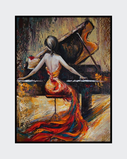 Ölgemälde von Vadim Lazarev, 100 × 70 cm. Eine elegante Pianistin sitzt mit dem Rücken zum Betrachter vor einem Flügel. Ihr feurig rotes Kleid fließt dynamisch über den Boden. Die Szene ist in warmen Gold-, Braun- und Rottönen gehalten, mit expressiven Pinselstrichen, die Bewegung und Leidenschaft vermitteln.